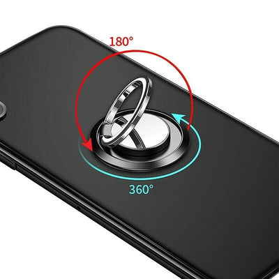 Anel suporte aplicado à traseira de celular, com indicação ilustrada dos movimentos de articulação.