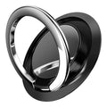 Anel suporte para celular com base preta e argola metálica aberta.