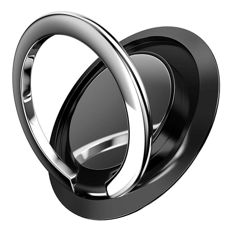 Anel suporte para celular com base preta e argola metálica aberta.