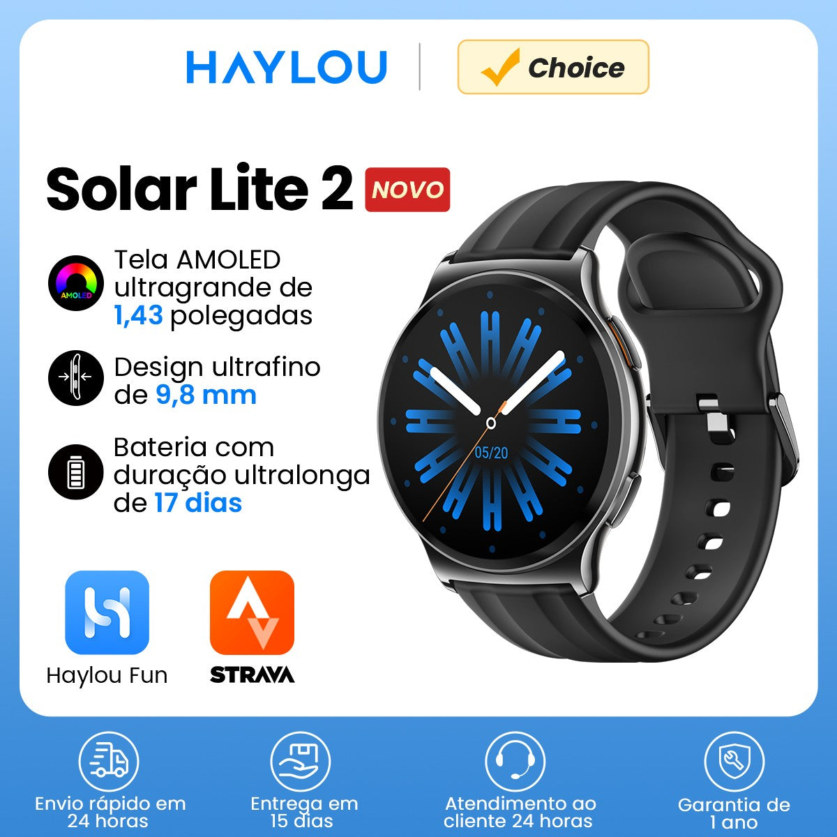 Smartwatch Haylou Solar Lite 2 com Tela AMOLED 1,43" e Bluetooth 5.4 — imagem 1 de 29