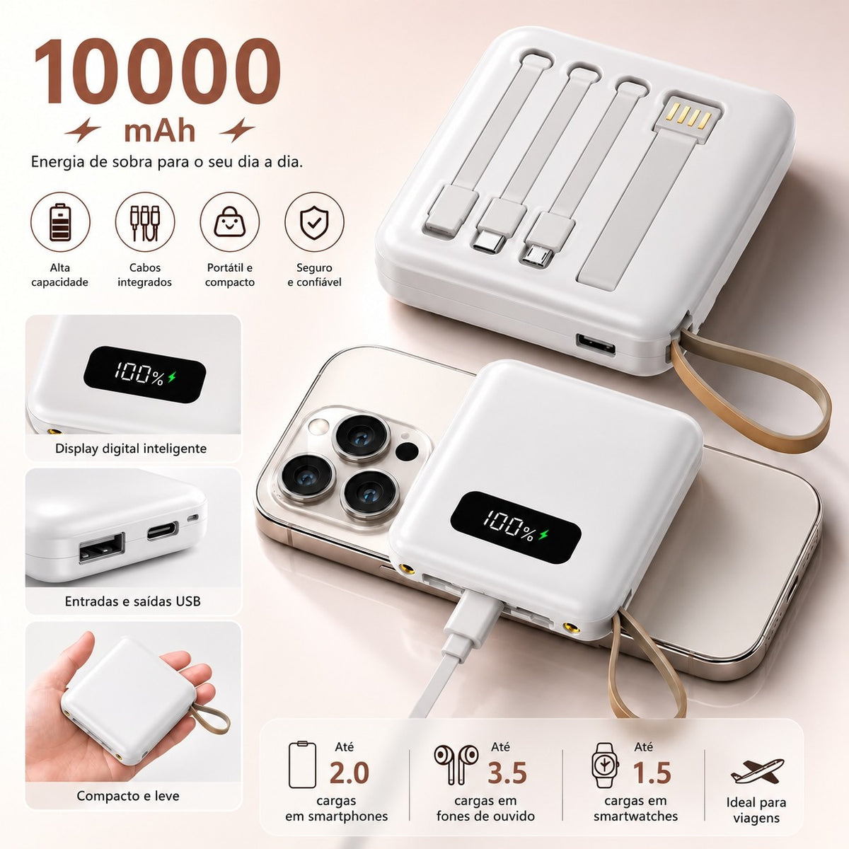 Power Bank 10000mAh com 4 Cabos Integrados e Visor Digital — imagem 8 de 8