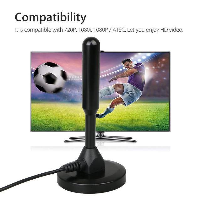 Antena cilíndrica diante de uma TV em composição promocional.