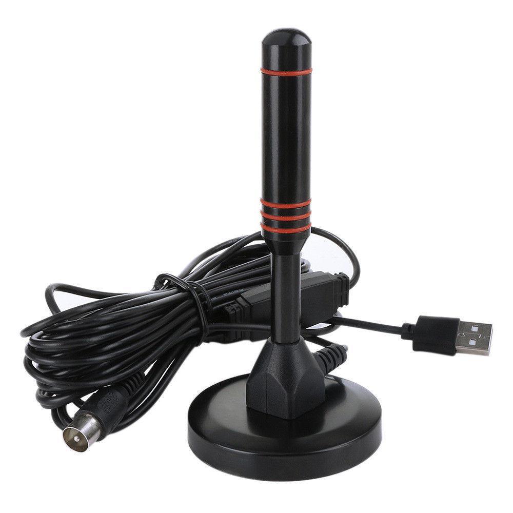 Antena cilíndrica preta com detalhes vermelhos, base e cabos com USB.