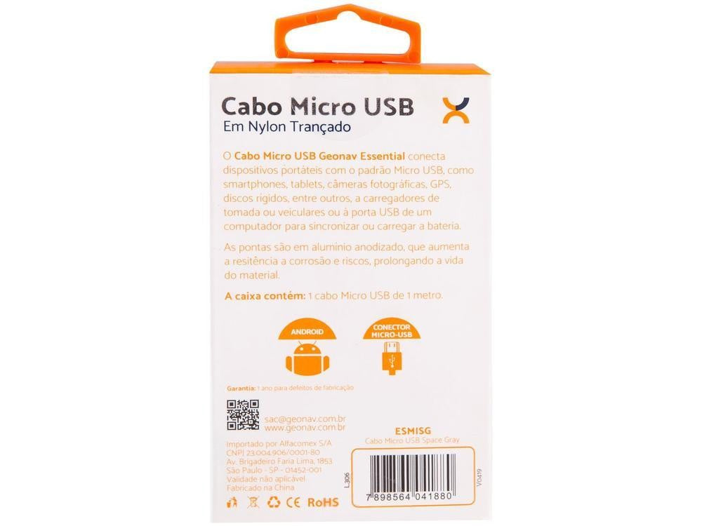 Cabo Micro USB Universal 1m Geonav Essential — Carregamento Rápido — Hive