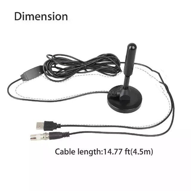 Antena cilíndrica com base e cabos, em arte com indicação de comprimento.