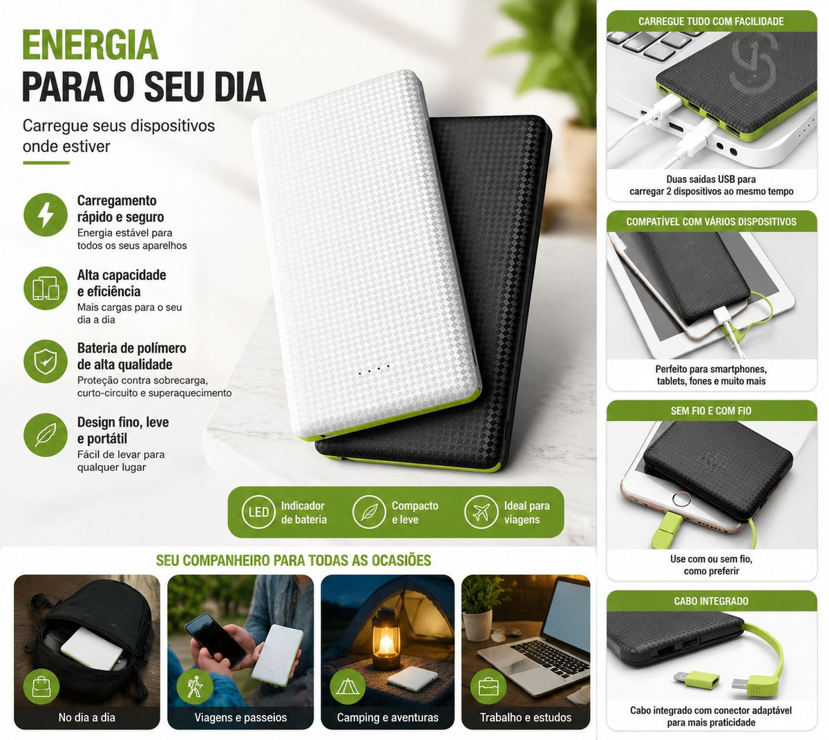 Power Bank 5000mAh ou 10000mAh com Cabo Micro USB Integrado — imagem 6 de 7