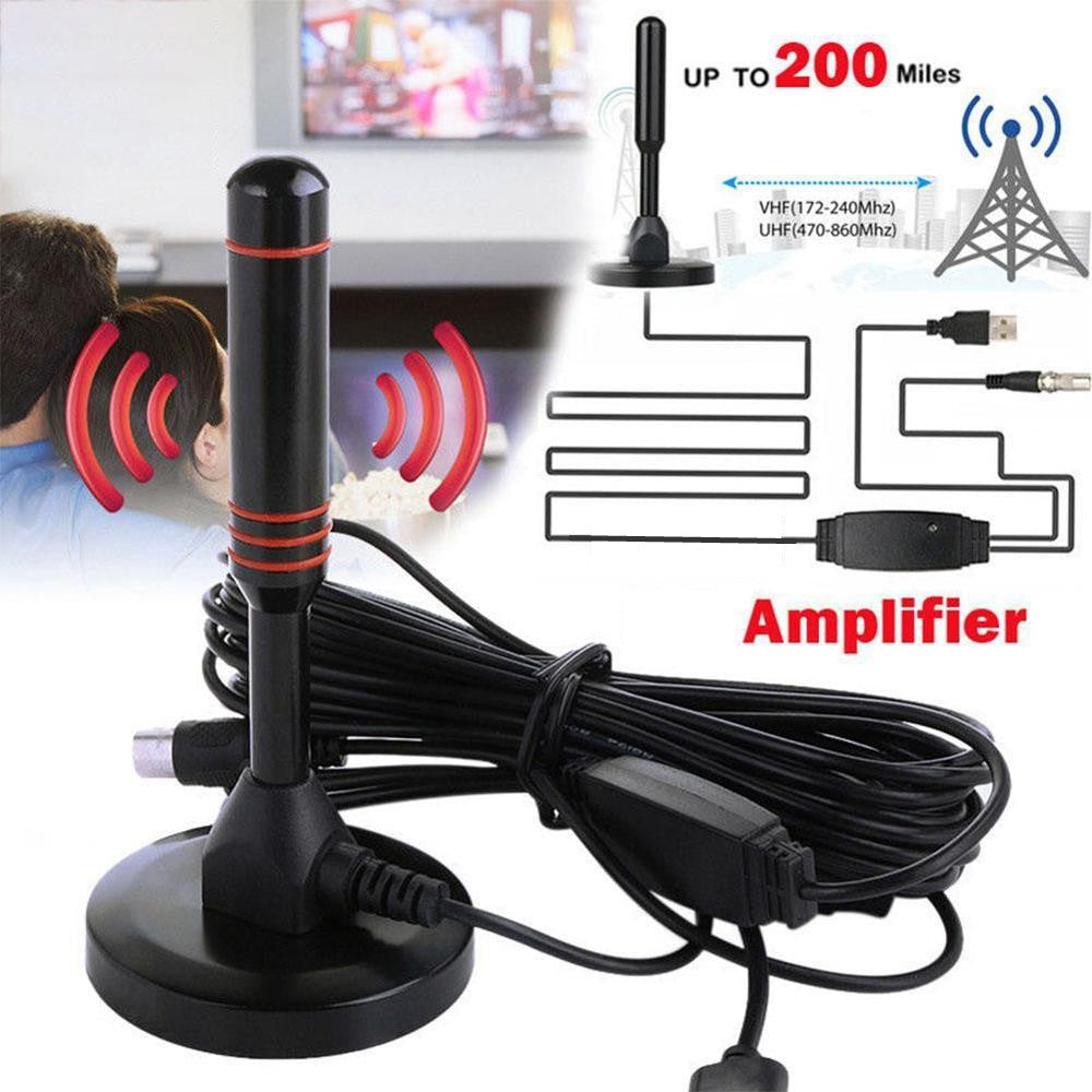 Antena cilíndrica e cabo em arte promocional com ilustração de amplificador e torre.