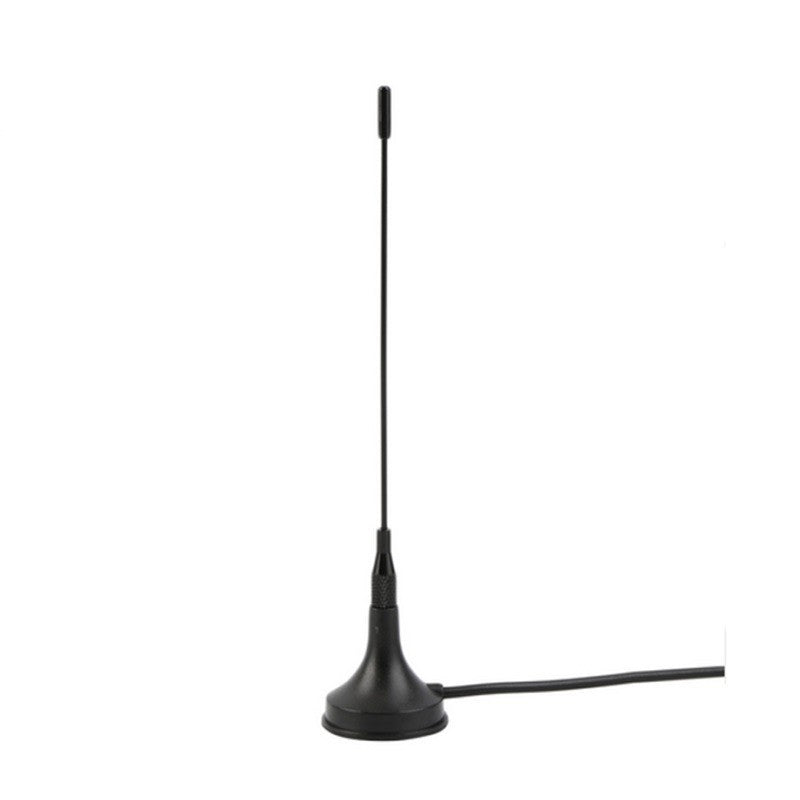 Antena de haste fina preta com base e cabo lateral.