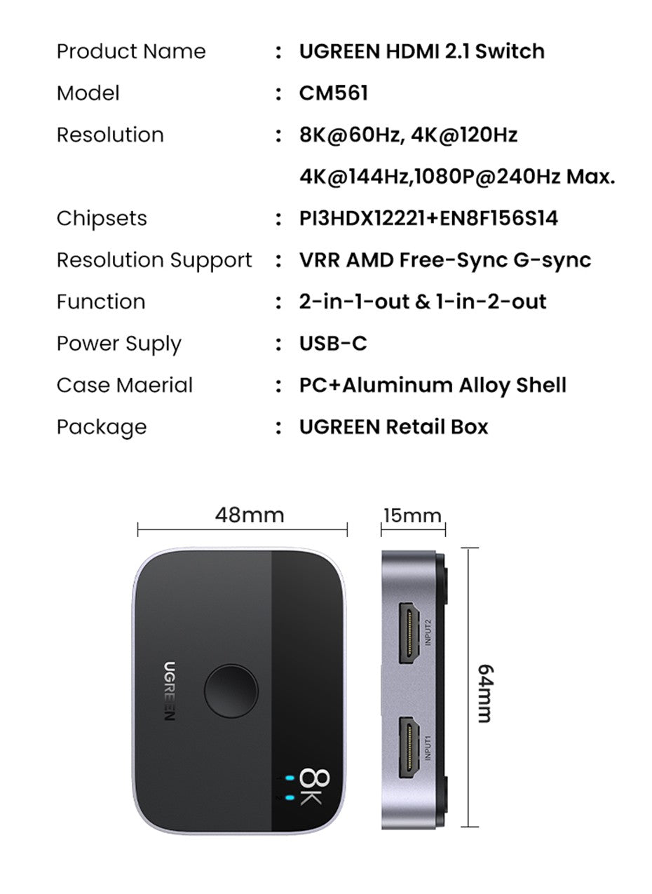Switch HDMI 2.1 UGREEN 8K 60Hz — 2 Entradas 1 Saída para PS5 e Xbox