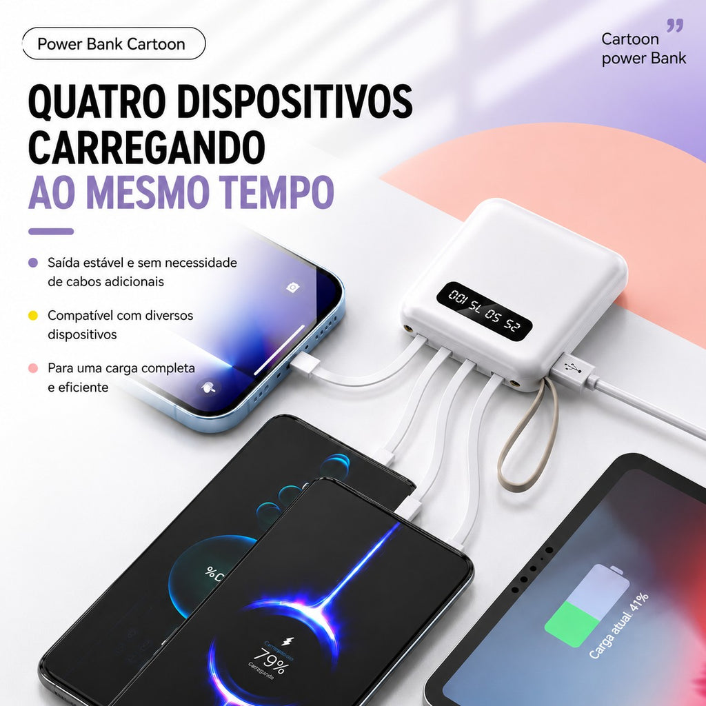 Power Bank 10000mAh com 4 Cabos Integrados e Visor Digital — imagem 4 de 8