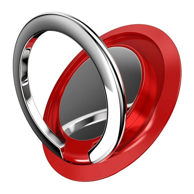 Anel suporte para celular com base vermelha e argola metálica aberta.