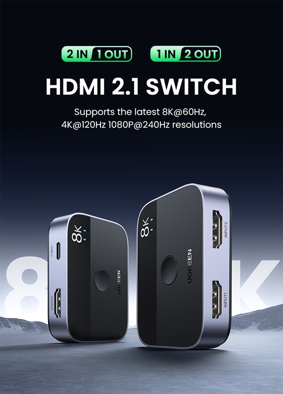 Switch HDMI 2.1 UGREEN 8K 60Hz — 2 Entradas 1 Saída para PS5 e Xbox