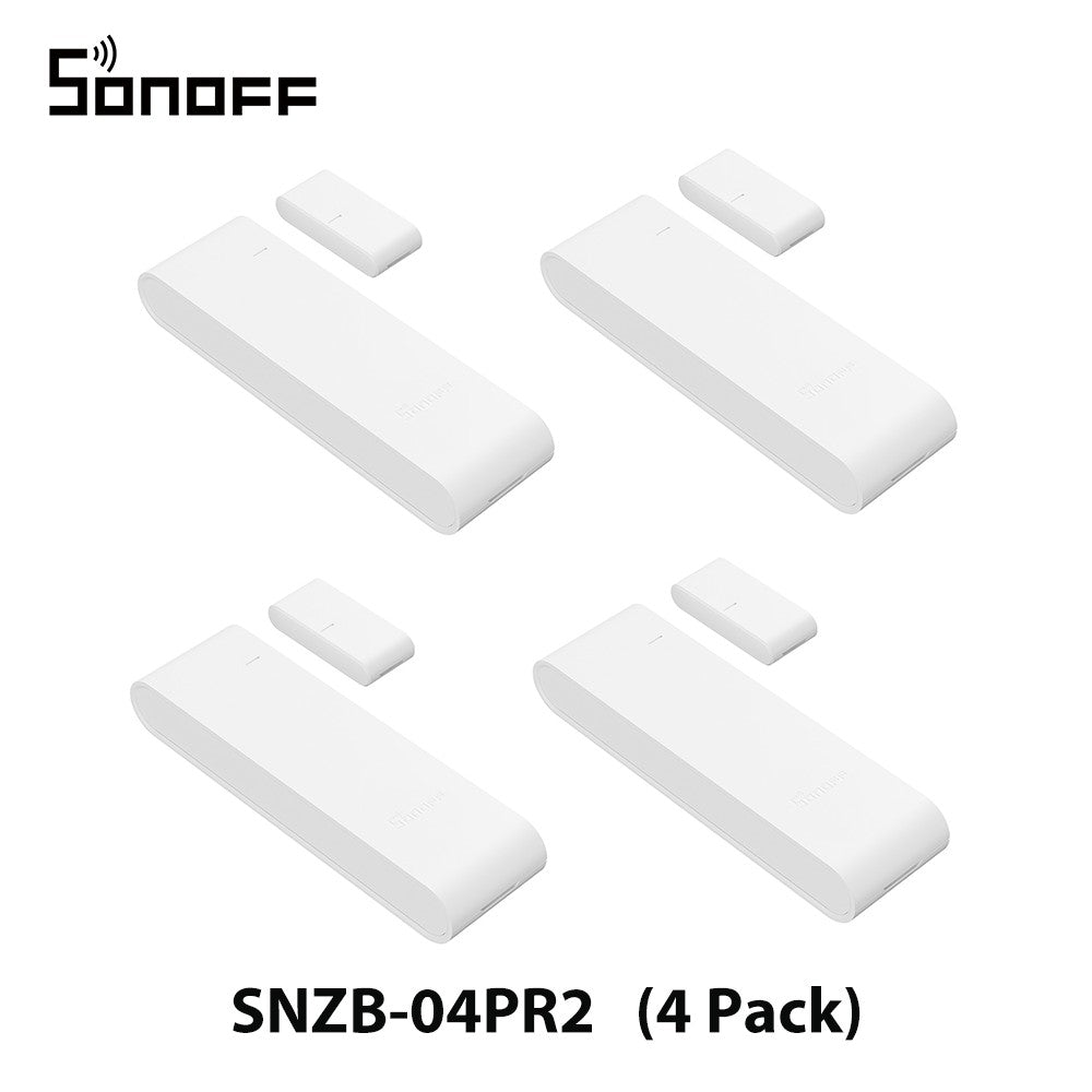 Conjunto de quatro sensores SONOFF SNZB-04PR2 brancos, cada um com transmissor e ímã.