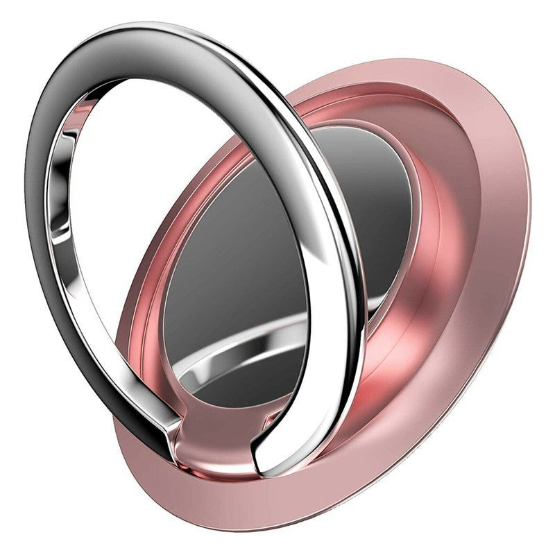 Anel suporte para celular com base rosa e argola metálica aberta.