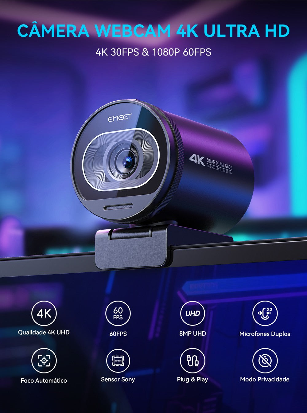 Webcam EMEET S600 4K com Autofoco e Microfones Duplos — imagem 3 de 13