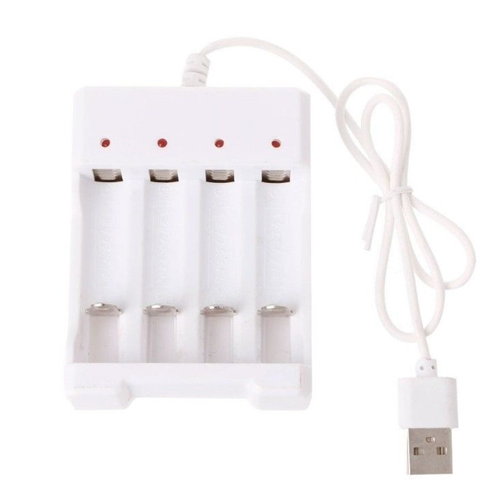 Carregador de Pilhas AA e AAA USB — 4 Slots com Proteção contra Curto-Circuito