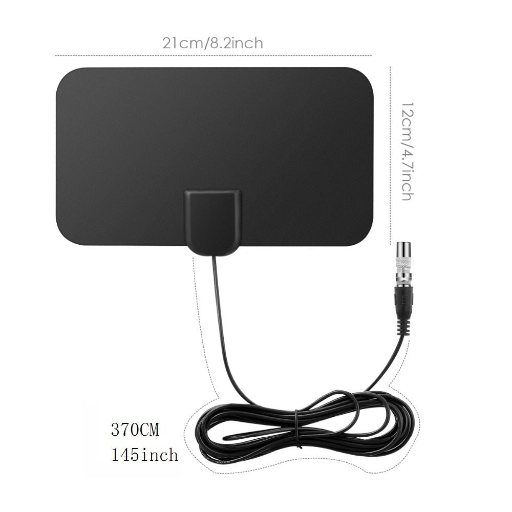 Antena planar preta com diagrama de dimensões e comprimento do cabo.