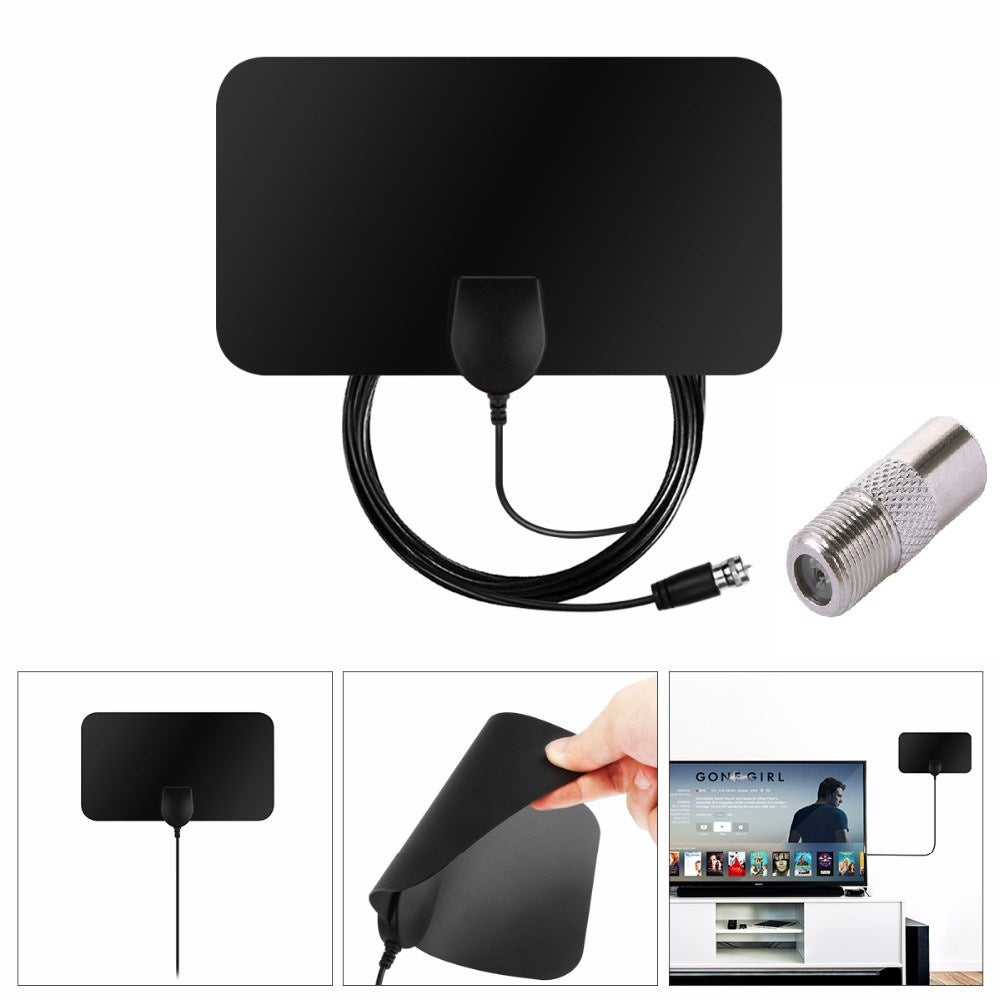 Antena planar retangular com cabo, adaptador e exemplos de aplicação.