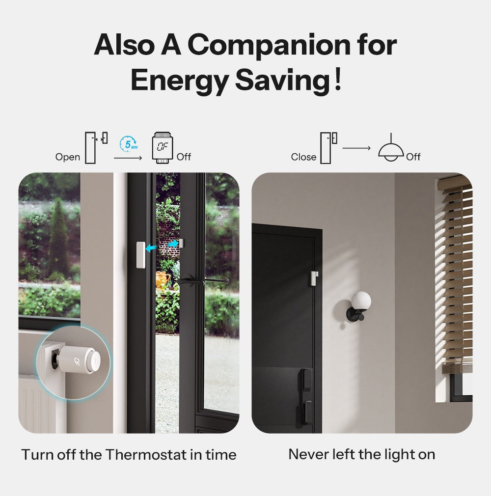 Exemplos de automação com sensor SONOFF em porta e janela para controlar termostato e iluminação.