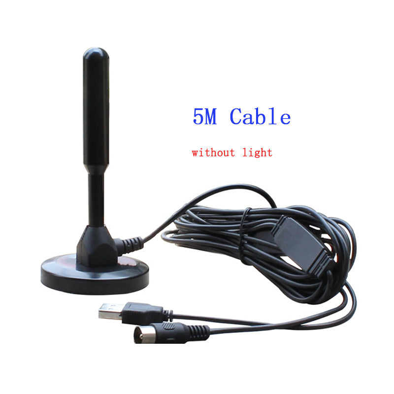 Antena cilíndrica preta com base e cabo, em arte que indica cinco metros.