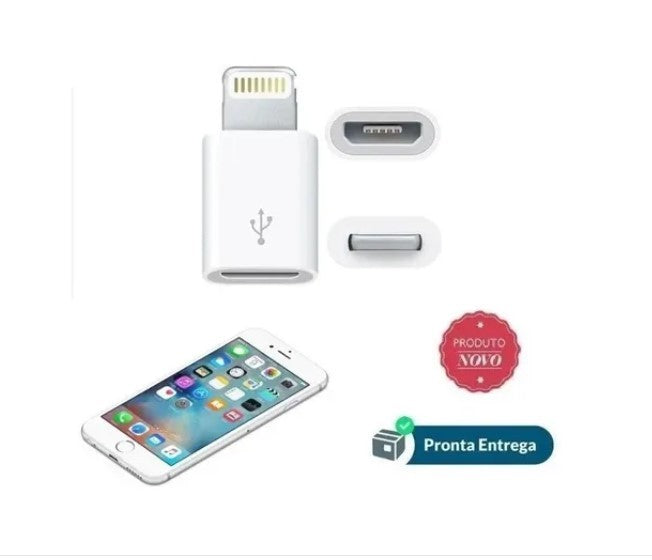 Adaptador Micro USB para Lightning com vistas dos conectores e ilustração de iPhone.