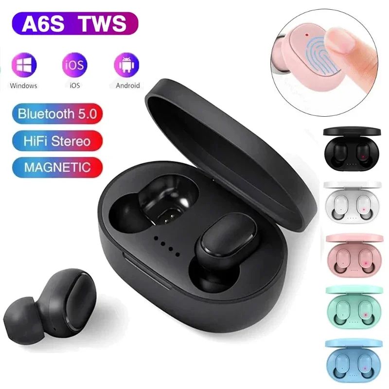 Fones A6s TWS pretos com estojo aberto e opções de cores ao lado.