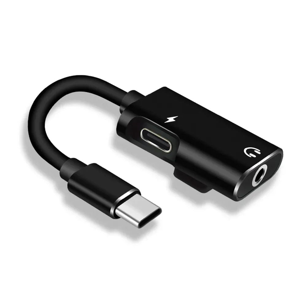 Adaptador USB-C preto com cabo curto e portas de áudio e alimentação.