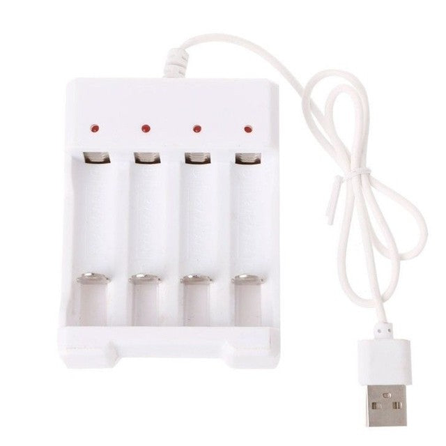 Carregador de Pilhas AA e AAA USB — 4 Slots com Proteção contra Curto-Circuito