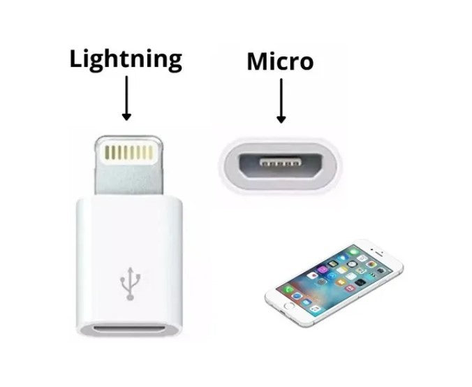 Diagrama identificando o conector Lightning e a entrada Micro USB do adaptador.