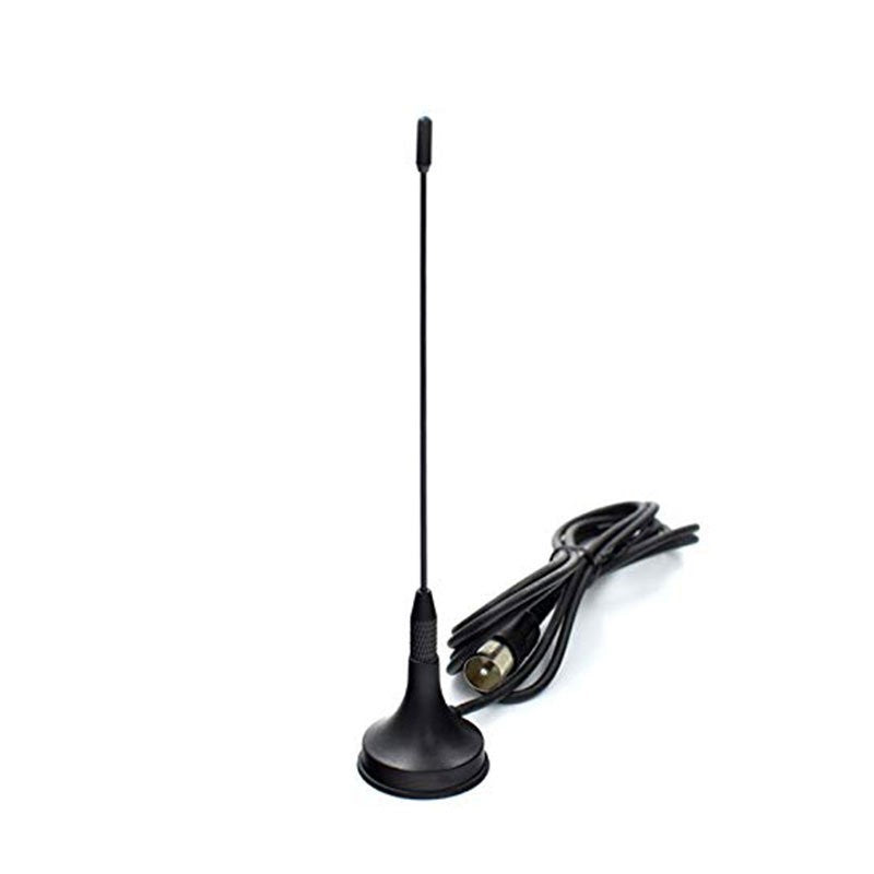 Antena de haste fina preta com base e cabo enrolado.