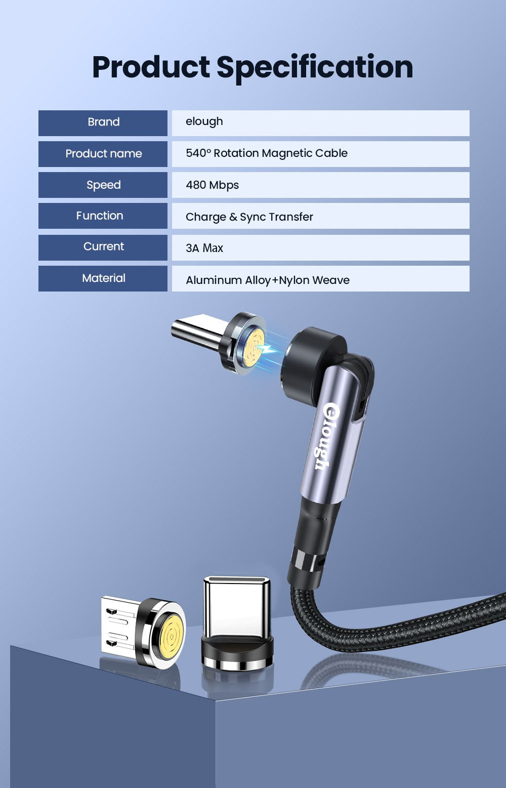 Cabo Magnético Elough 540 3A — Micro USB e Tipo C Carregamento Rápido — imagem 11 de 11