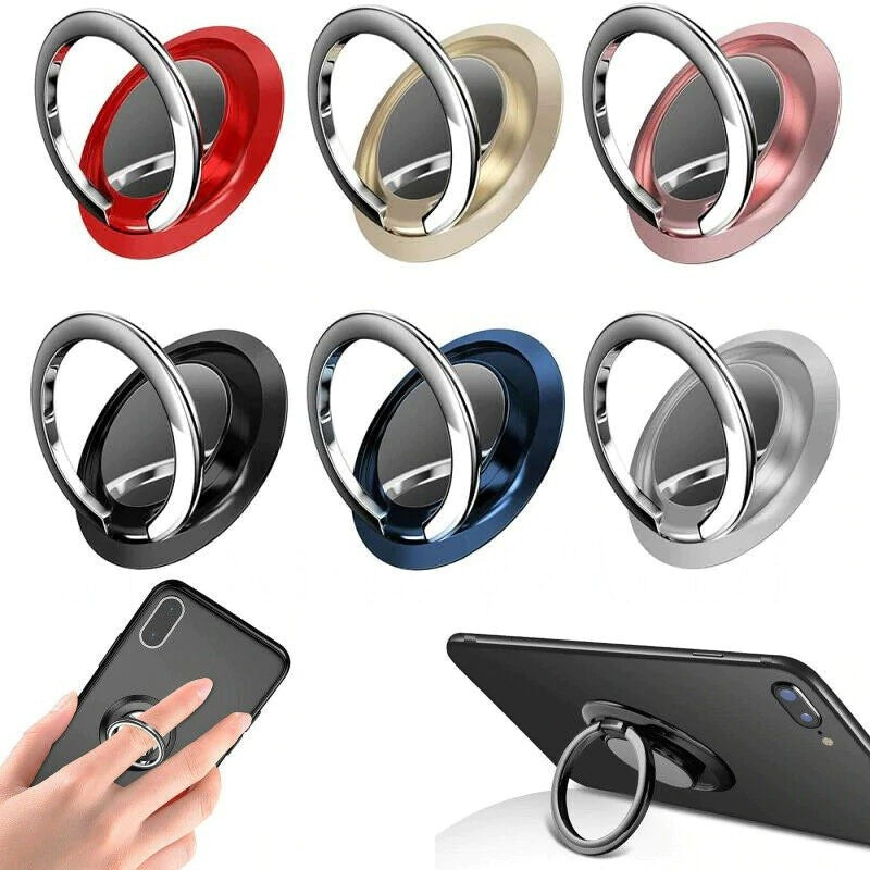 Anéis suporte em seis cores e exemplos de uso com smartphone.
