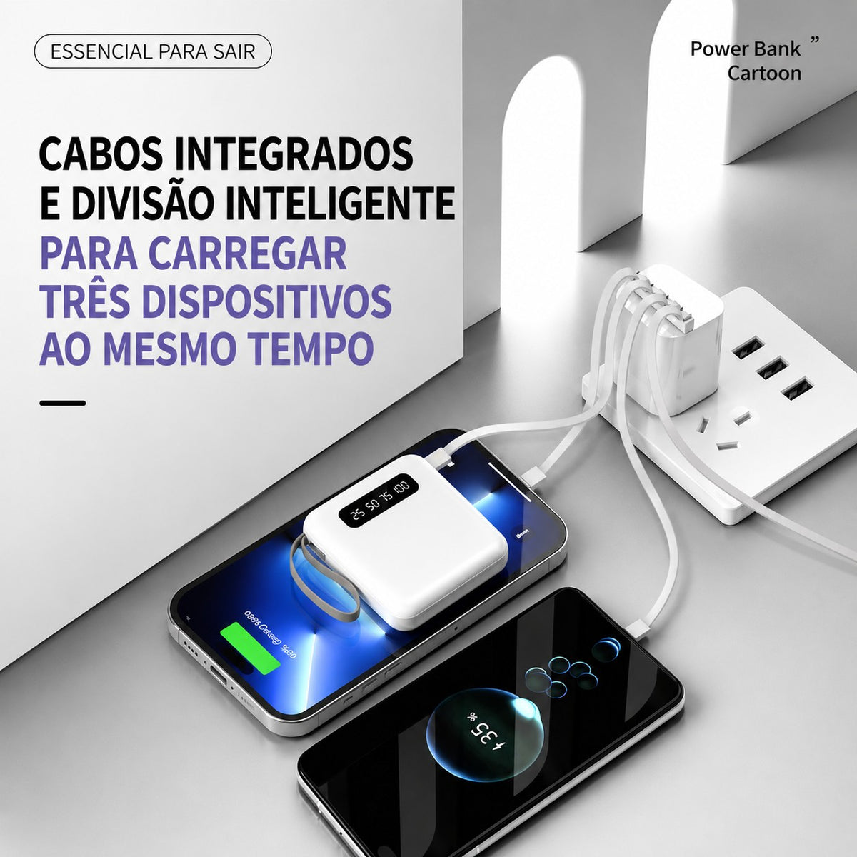 Power Bank 10000mAh com 4 Cabos Integrados e Visor Digital — imagem 1 de 8