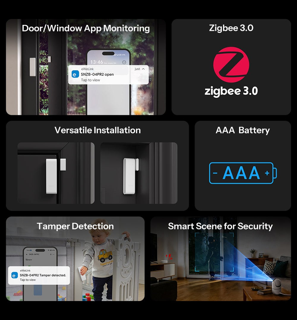Painel de recursos do SONOFF SNZB-04PR2 com alertas no app, instalação em portas e janelas e detecção de violação.