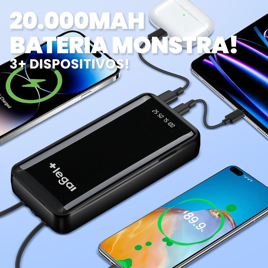Power Bank 20000mAh com Cabos Integrados e Visor de Carga — imagem 3 de 9