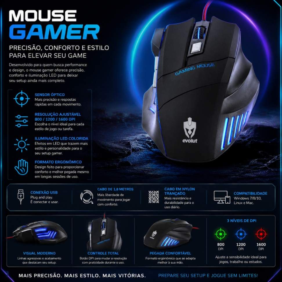 Mouse Gamer Evolut Predator RGB 2400 DPI 6 Botões — Alta Precisão — Hive