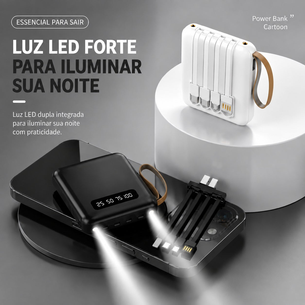Power Bank 10000mAh com 4 Cabos Integrados e Visor Digital — imagem 3 de 8