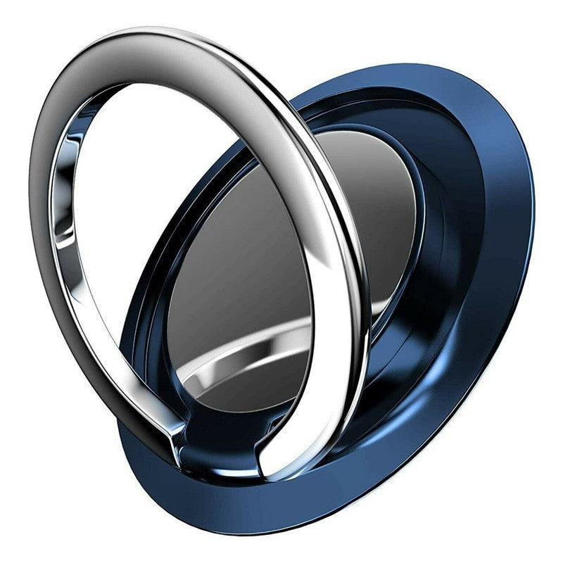 Anel suporte para celular com base azul escura e argola metálica aberta.