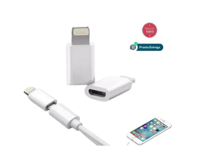 Adaptador branco Micro USB para Lightning em montagem com cabo e ilustração de iPhone.
